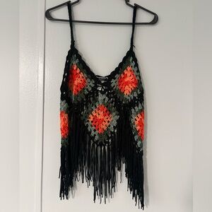 Bohemian Crochet Fringe Crop Top - Black, Orange, Green